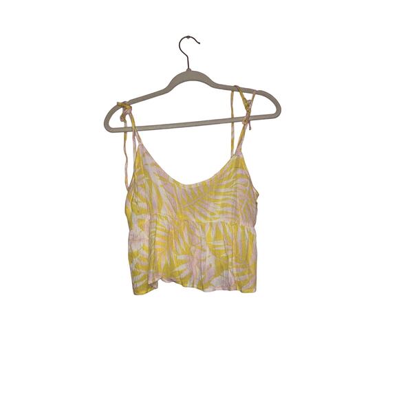 Billabong Yellow White Pink Tropical Leaf Tie Strap Cami Top Size Medium - Picture 1 of 5